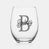 Modern Elegant Monogram Naam Zwart Grijs Script Wijnglas Zonder Voet (Voorkant)