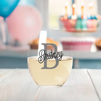 Modern Elegant Monogram Naam Zwart Grijs Script Wijnglas Zonder Voet