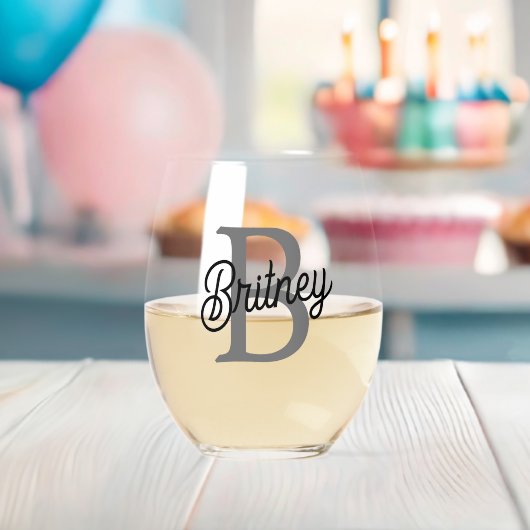 Modern Elegant Monogram Naam Zwart Grijs Script Wijnglas Zonder Voet (Insitu (Baby Shower))