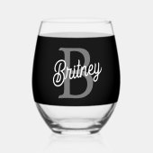 Modern Elegant Monogram Naam Zwart Grijs Script Wijnglas Zonder Voet (Voorkant)