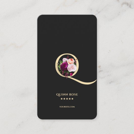 Modern Elegant Monogram Q Bloemen Zwart Goud Visitekaartje (Voorkant)