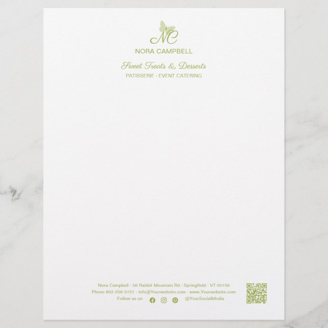 Modern Elegant Monogram QR Code Instagram Groen Briefhoofd (Voorkant)