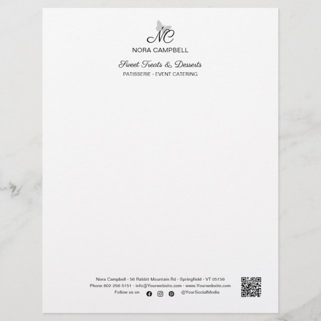 Modern Elegant Monogram QR Code Instagram Zwart Briefhoofd (Voorkant)
