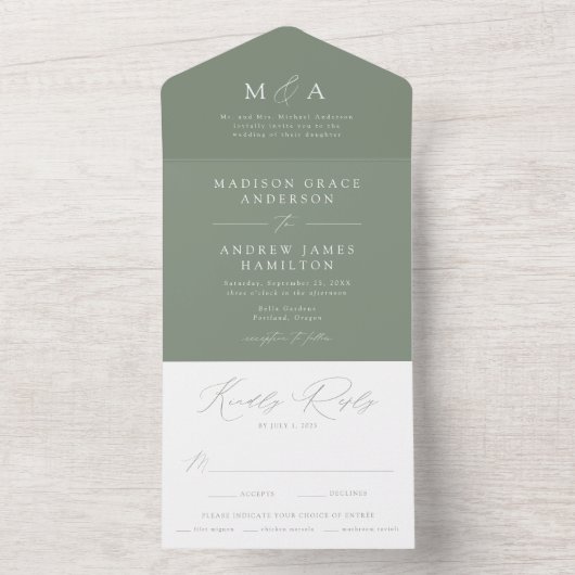 Modern Elegant Monogram Sage Groene Bruiloft All In One Uitnodiging (Binnen)