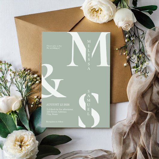 Modern Elegant Monogram Sage Groene Bruiloft Kaart
