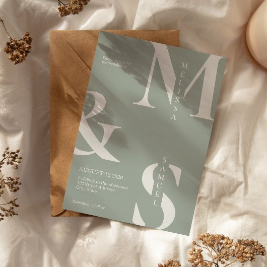 Modern Elegant Monogram Sage Groene Bruiloft Kaart