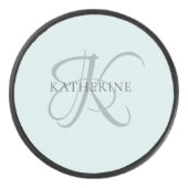 Modern Elegant Monogram Script Aqua Blue Hockey Puck (Voorkant)