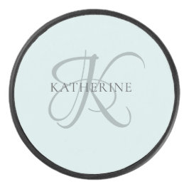 Modern Elegant Monogram Script Aqua Blue Hockey Puck
