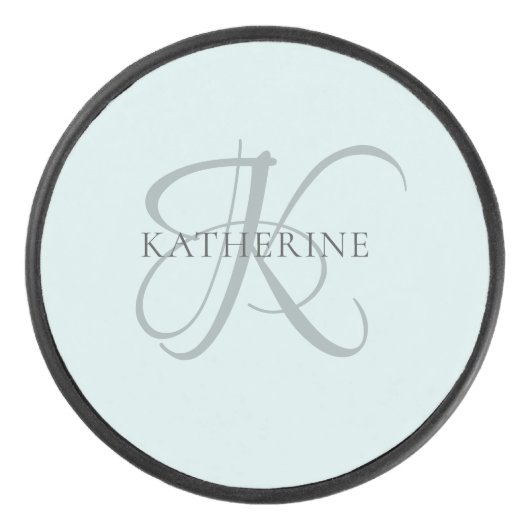 Modern Elegant Monogram Script Aqua Blue Hockey Puck (Voorkant)