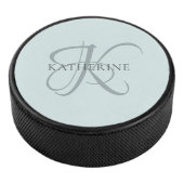 Modern Elegant Monogram Script Aqua Blue Hockey Puck (3/4)