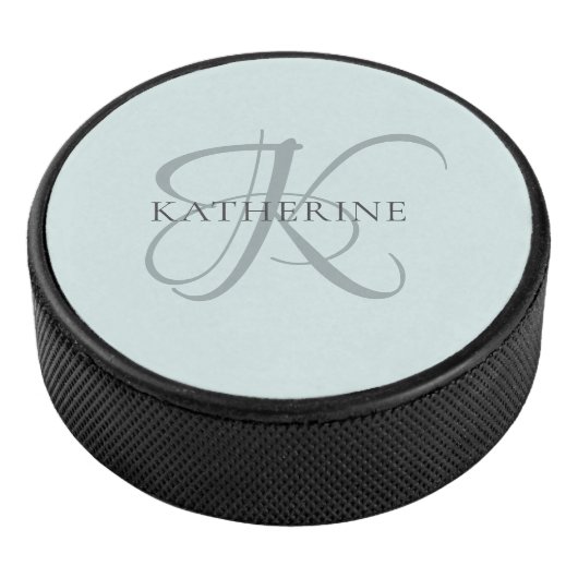 Modern Elegant Monogram Script Aqua Blue Hockey Puck (3/4)