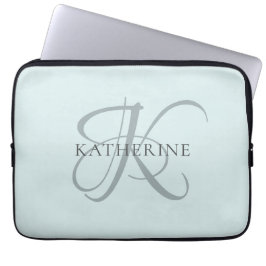 Modern Elegant Monogram Script Aqua Blue Laptop Sleeve