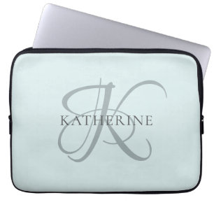 Modern Elegant Monogram Script Aqua Blue Laptop Sleeve