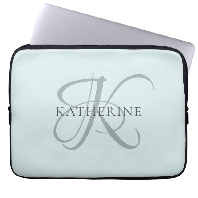 Modern Elegant Monogram Script Aqua Blue Laptop Sleeve (Voorkant)
