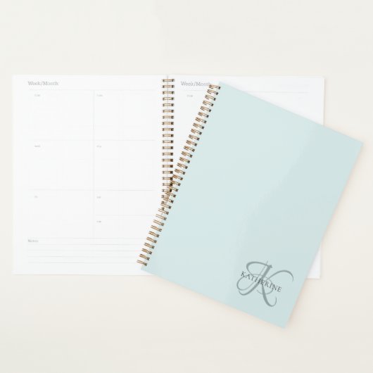 Modern Elegant Monogram Script Aqua Blue Planner (Display)