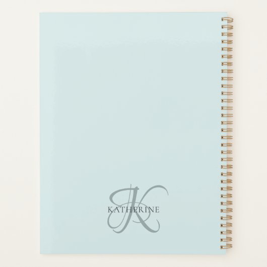 Modern Elegant Monogram Script Aqua Blue Planner (Achterkant)