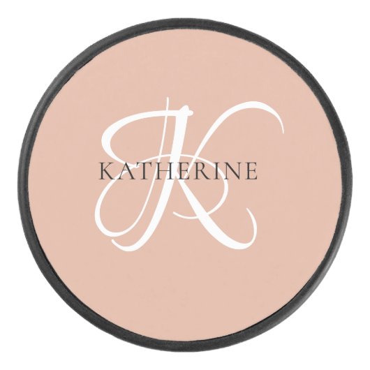 Modern Elegant Monogram Script Blush Roze Hockey Puck (Voorkant)