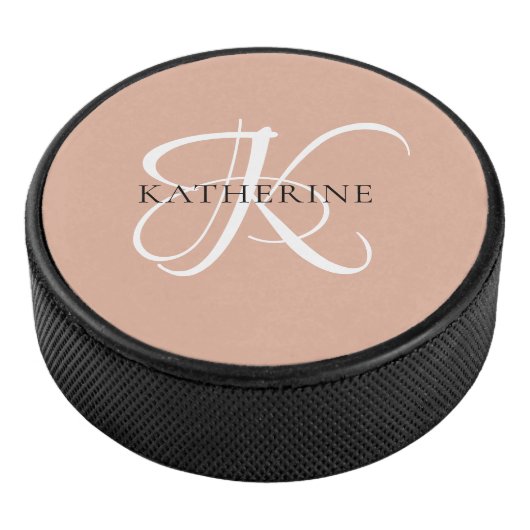 Modern Elegant Monogram Script Blush Roze Hockey Puck (3/4)