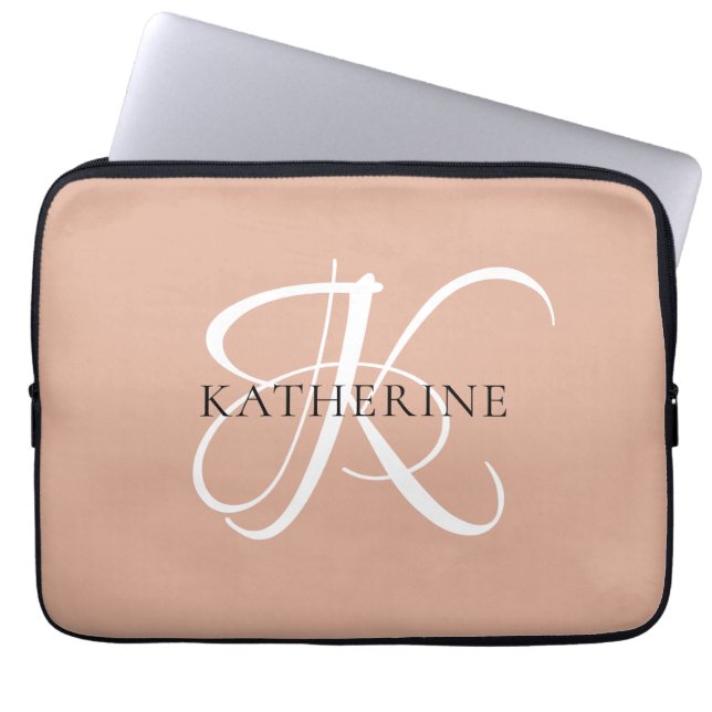 Modern Elegant Monogram Script Blush Roze Laptop Sleeve (Voorkant)