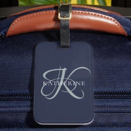 Modern Elegant Monogram Script Navy Blauw Bagagelabel