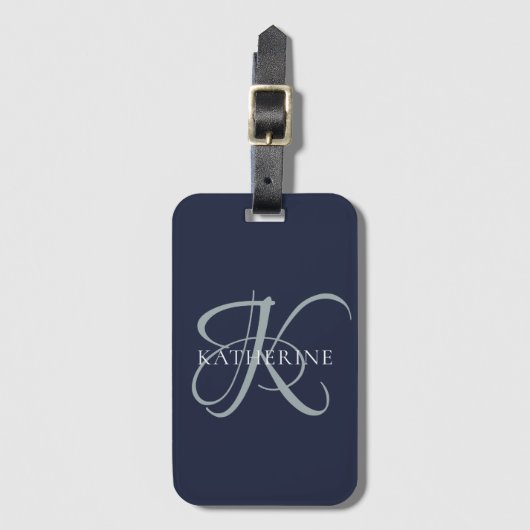 Modern Elegant Monogram Script Navy Blauw Bagagelabel (Voorkant (verticaal))