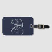 Modern Elegant Monogram Script Navy Blauw Bagagelabel (Voorkant (horizontaal))