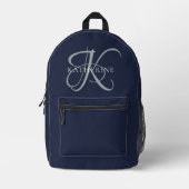 Modern Elegant Monogram Script Navy Blauw Bedrukte Rugzak (Voorkant)