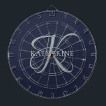 Modern Elegant Monogram Script Navy Blauw Dartbord<br><div class="desc">Het elegante ontwerp kenmerkt uw initiaal in een prachtig kalligrafiescript met bloemen die rond uw familienaam wikkelen. Maakt een geweldig cadeau voor oma,  een verjaardag,  voor Moederdag,  of een andere familie vakantie.</div>