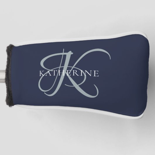 Modern Elegant Monogram Script Navy Blauw Golfheadcover (Voorkant)