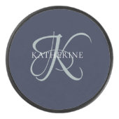 Modern Elegant Monogram Script Navy Blauw Hockey Puck (Voorkant)