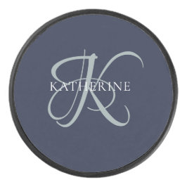 Modern Elegant Monogram Script Navy Blauw Hockey Puck