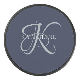 Modern Elegant Monogram Script Navy Blauw Hockey Puck