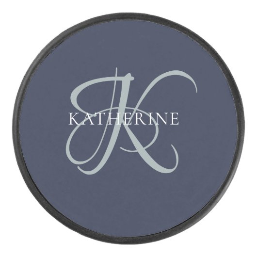Modern Elegant Monogram Script Navy Blauw Hockey Puck (Voorkant)