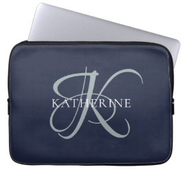 Modern Elegant Monogram Script Navy Blauw Laptop Sleeve