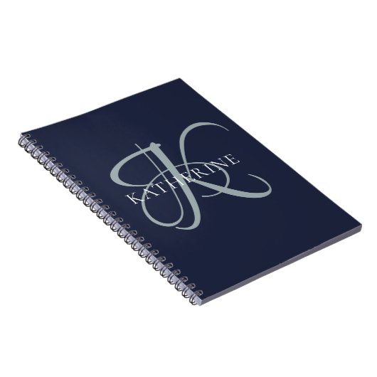 Modern Elegant Monogram Script Navy Blauw Notitieboek (Rechterzijde)