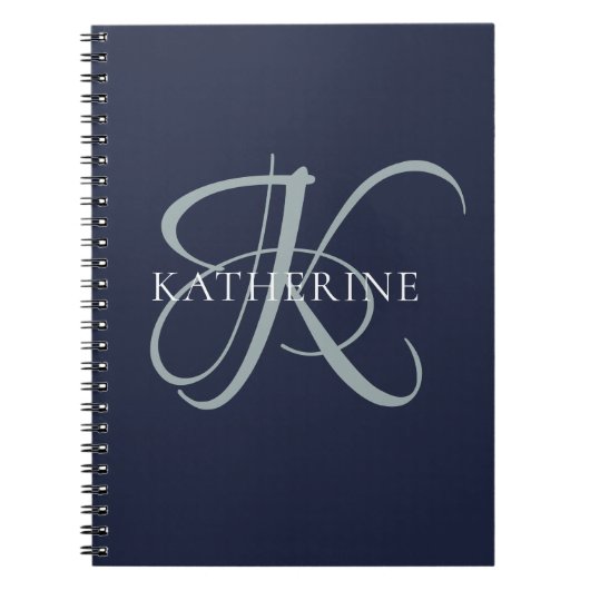 Modern Elegant Monogram Script Navy Blauw Notitieboek (Voorkant)