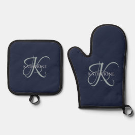 Modern Elegant Monogram Script Navy Blauw Ovenwant & Pannenlap Set