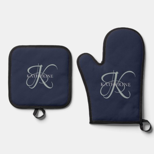 Modern Elegant Monogram Script Navy Blauw Ovenwant & Pannenlap Set (Voorkant)