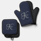 Modern Elegant Monogram Script Navy Blauw Ovenwant & Pannenlap Set (Voorkant / Achterkant)