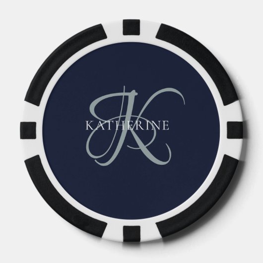 Modern Elegant Monogram Script Navy Blauw Poker Chips (Voorkant)