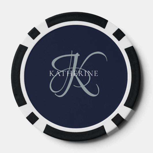 Modern Elegant Monogram Script Navy Blauw Poker Chips (Achterkant)
