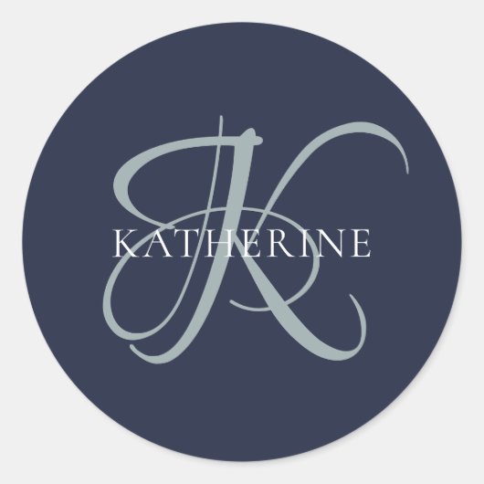 Modern Elegant Monogram Script Navy Blauw Ronde Sticker (Voorkant)