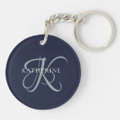 Modern Elegant Monogram Script Navy Blauw Sleutelhanger (Achterkant)