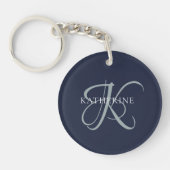 Modern Elegant Monogram Script Navy Blauw Sleutelhanger (Voorkant)