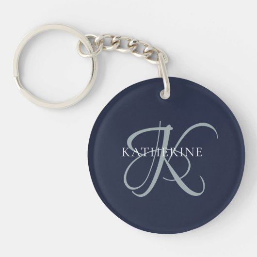 Modern Elegant Monogram Script Navy Blauw Sleutelhanger (Voorkant)
