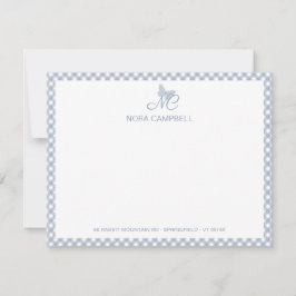 Modern Elegant Monogram Stoffig Blauw Gingham Cont Notitiekaartje