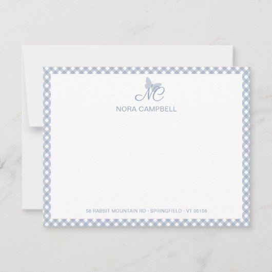 Modern Elegant Monogram Stoffig Blauw Gingham Cont Notitiekaartje (Voorkant)