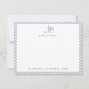 Modern Elegant Monogram Stoffig Blauw Gingham Cont Notitiekaartje