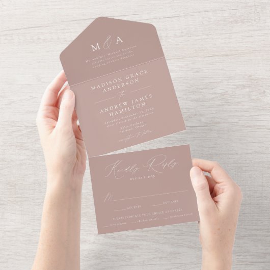 Modern Elegant Monogram Stoffig Roos Wedding All In One Uitnodiging (Afscheurbaar)