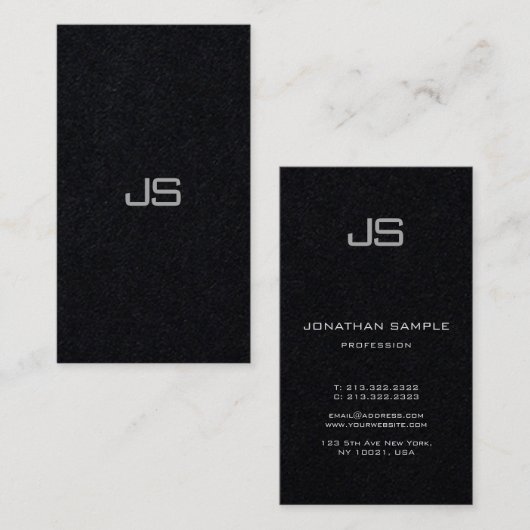 Modern Elegant Monogram Verticaal Premium Zwart Visitekaartje (Voorkant / Achterkant)
